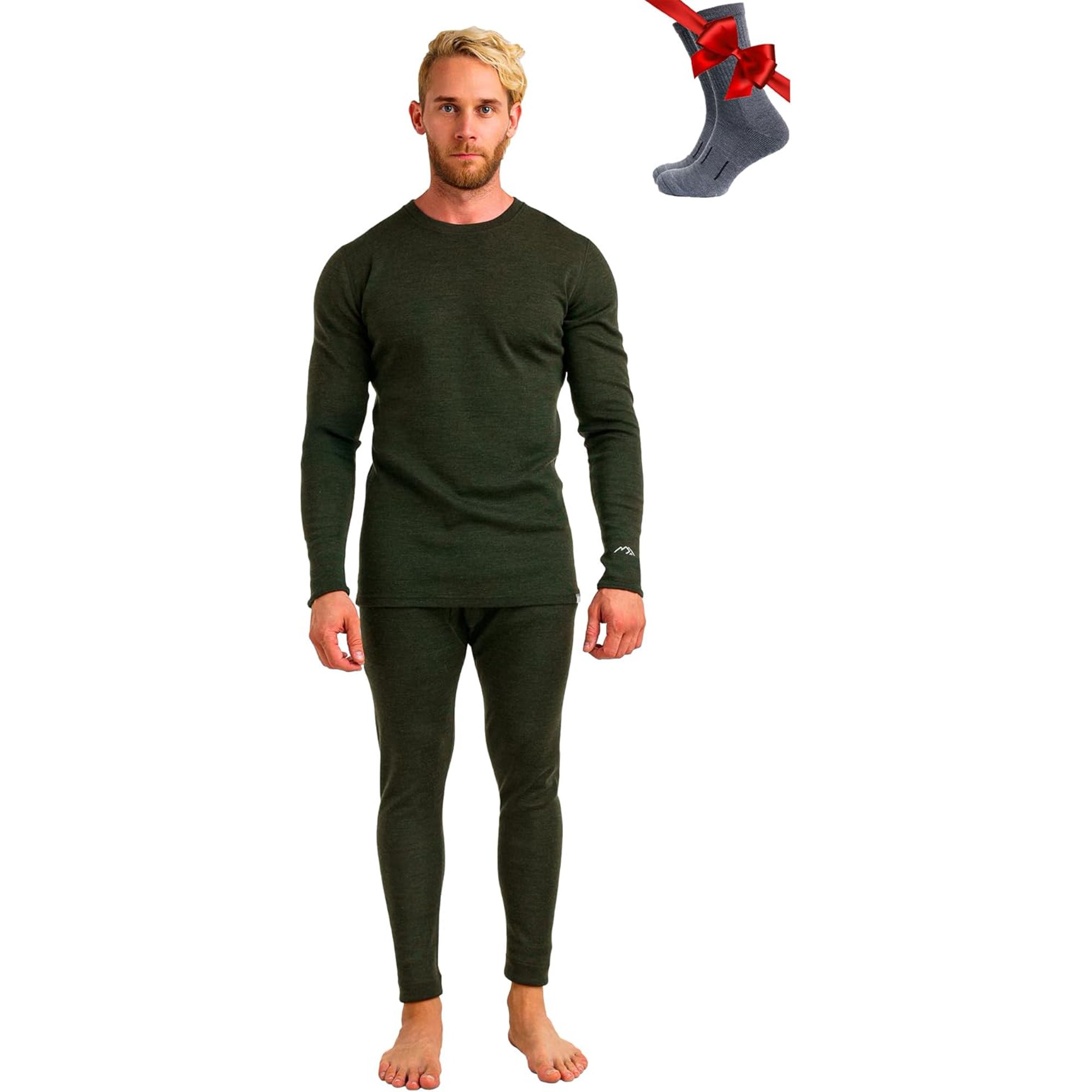 Merino.tech Men s Merino Wool Base Layer Set with Socks Army Green Size L