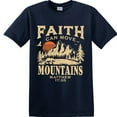 thumbnail image 4 of Outstanding Religious T-Shirt with the phrase "Faith Can Move Mountains" along with a landscape design of mountains at sunset/sunrise and the Bible verse Matthew 17:20., 4 of 7