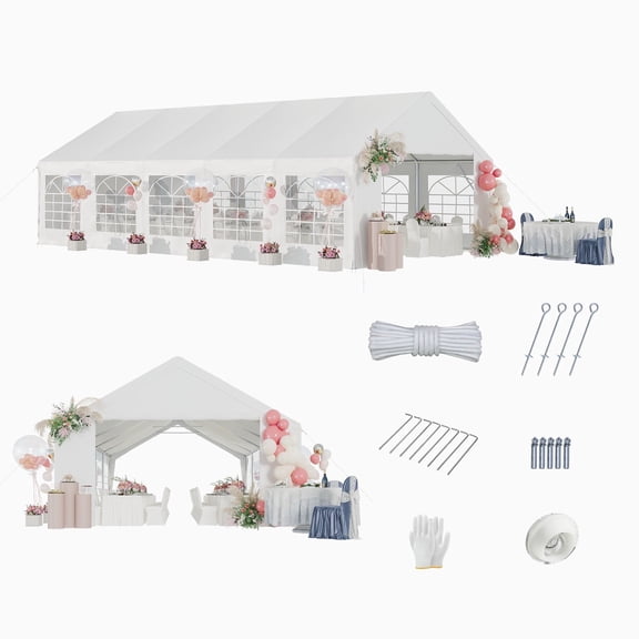 Aoxun Wedding & Event Tent, 32x16 FT White Canopy with Removable Sidewalls, Waterproof Party Tent for Outdoor Gatherings, BBQ, Birthday, Camping