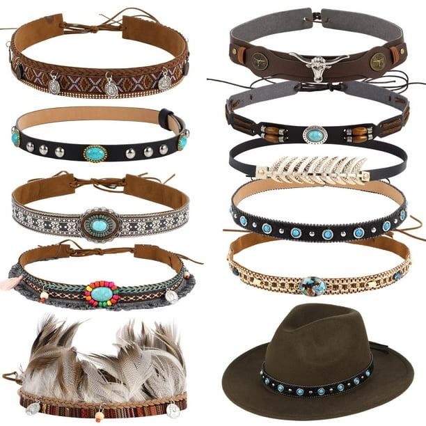 10 PCS Sombreros de vaquero, Bandas Étnicas Cinturones de sombrero occidental, Bandas de sombrero turquesa de vaquera rural, Sombrero de vaquero con cuentas, Accesorios de diadema estilo vaquero