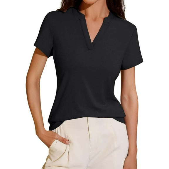 DuoJiaJ V Neck Loose Fit Short Sleeve Shirt For Women Spring Summer Tail Hem Blouse Top Women’s High-Neck Workout Tops Black