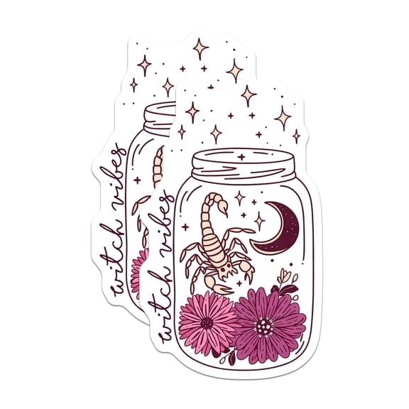 (2 Pack) Witch Vibes Stickers - Mason Jar Scorpion - Floral Occult Stickers - 5" On Longest Side - Sticks to Smooth Flat Surfaces - Made in USA - BMCS18168