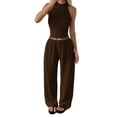 thumbnail image 2 of LEKWK Two Piece Sets for Women Sleeveless High Neck Pleated Tank Tops and Elastic Waist Wide Leg Pants Summer Fashion Casual Vacation Daily Wear, 2 of 7