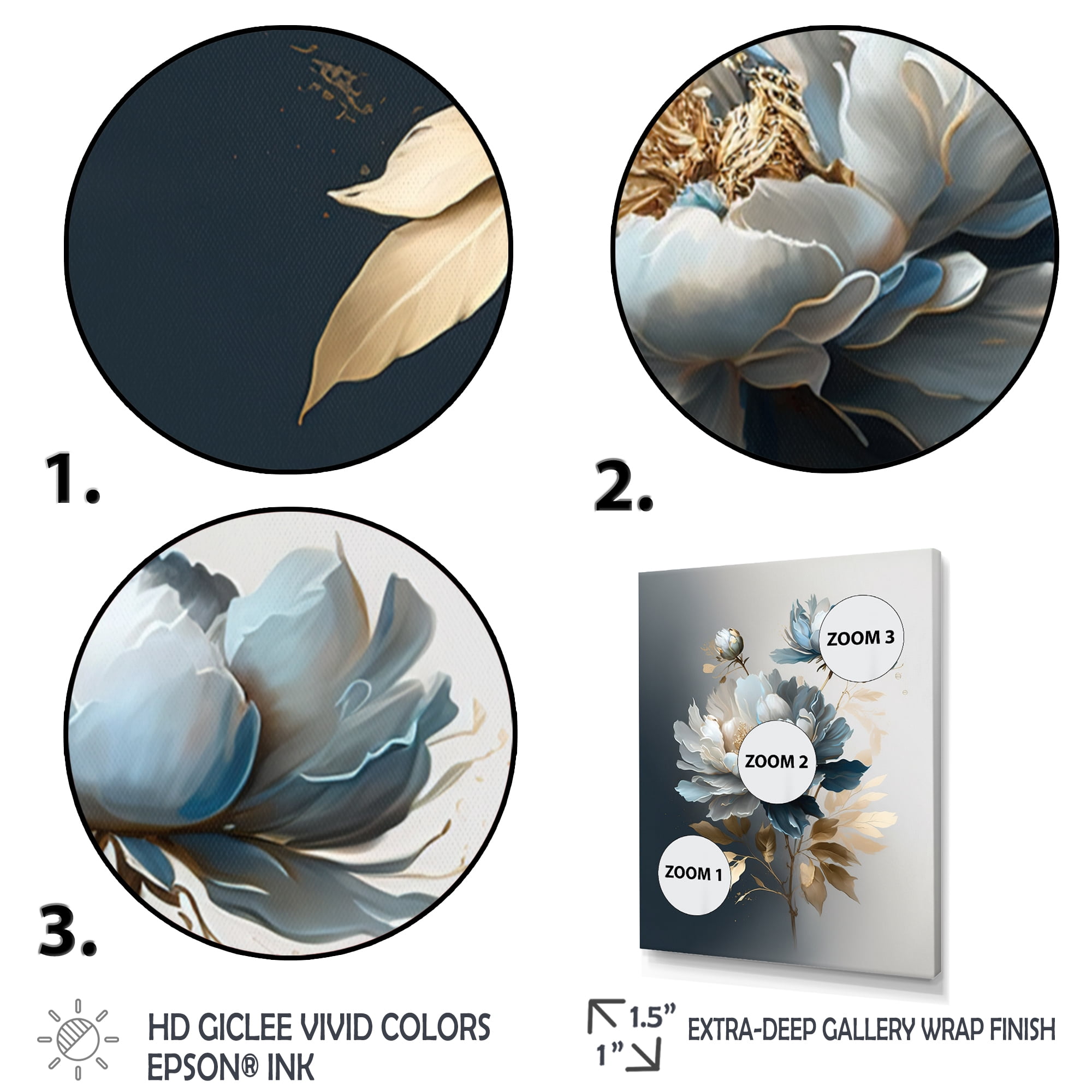 Designart Hyperrealistic Blue And Gold Peony II Canvas Wall Art