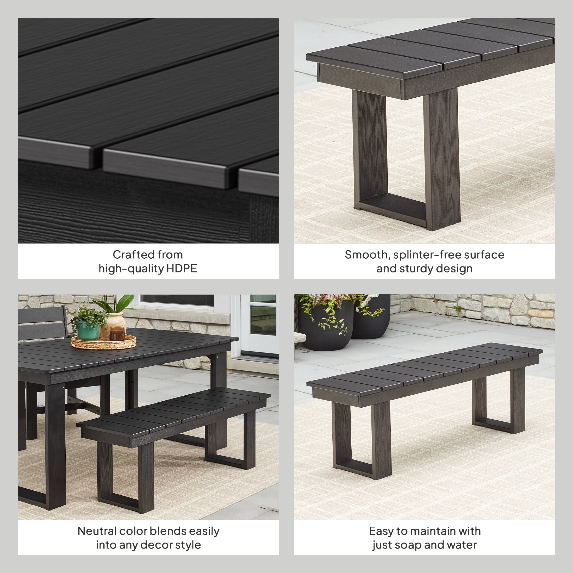 Better Homes & Gardens Ezra Outdoor HDPE Dining Bench, Black