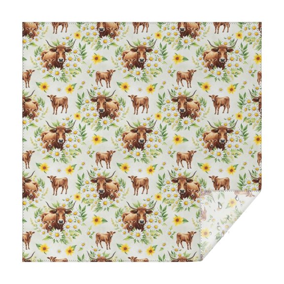 White Highland Cow Daisy Flower Pattern Square Tablecloth,Waterproof Square Table Cover,Wipeable Spillproof Washable Table Cover for Home Kitchen Party Decor 42"X42"(107x107cm)