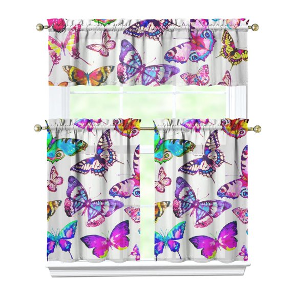 Kitchen Curtains 36 Inch Short - 3 Panel Set with Colorful Butterfly Floral Pattern, Rod Pocket Window Curtain, 100% Polyester for Butterfly Lovers, Farmhouse, Kitchen, Bedroom, Easy Wash