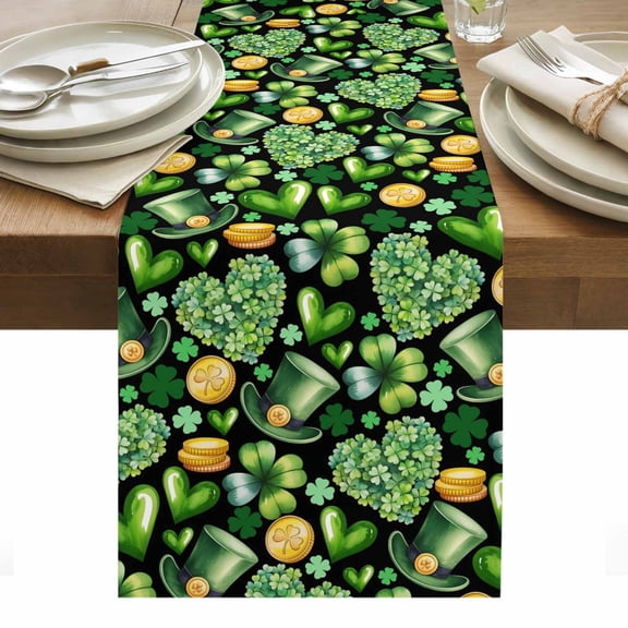 St. Patrick's Day Table Runner - 48 Inch Long, Kitchen Dining Table Runner Dresser Scarves, Spring Shamrocks Green Love Hats Plants Black Farmhouse Decor for Coffee Tables Wedding Party Banquet