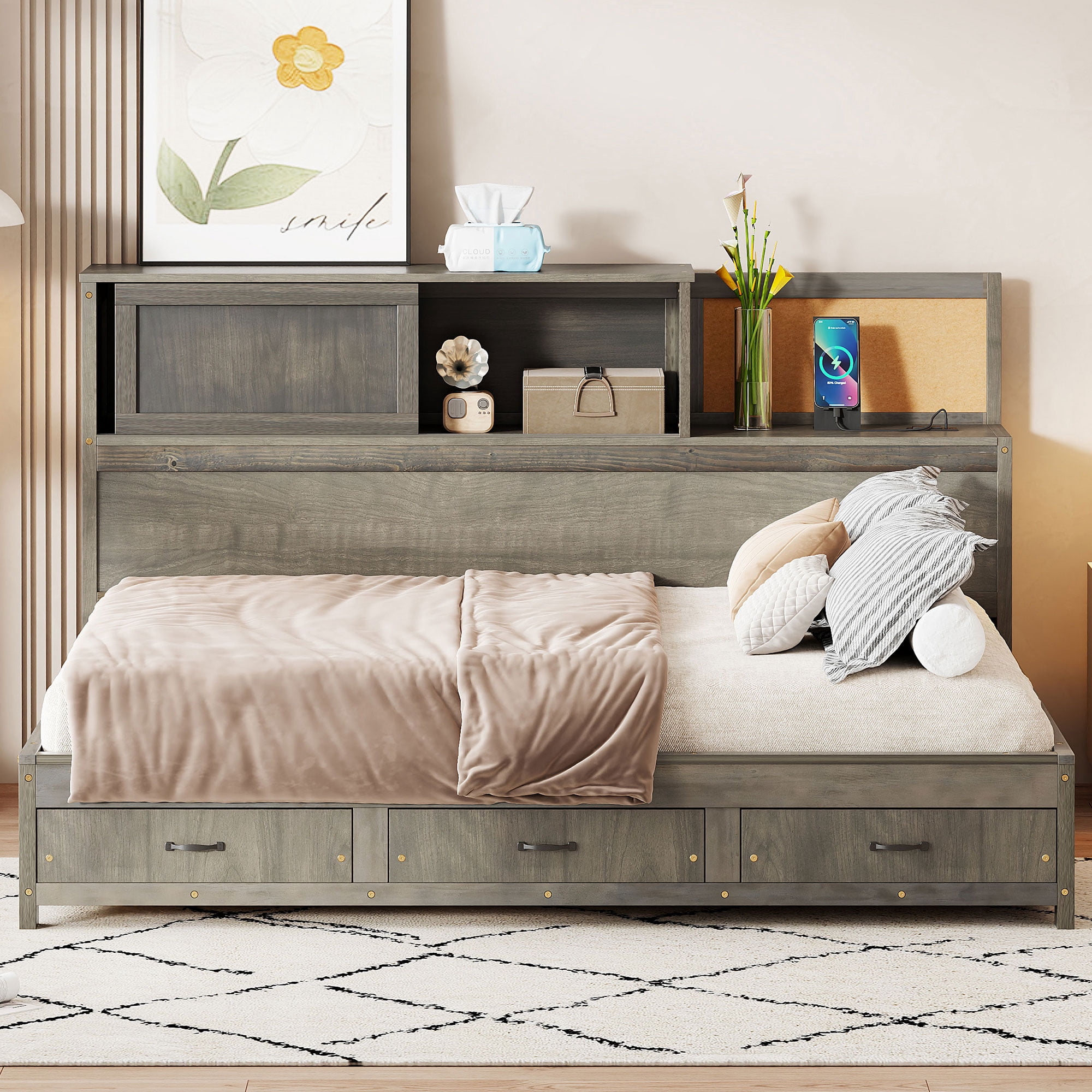 Sailvan Full Size Wooden Daybed with 3 Storage Drawers, Upper Soft Board, Shelf, Set of Sockets
