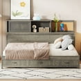 thumbnail image 2 of Pinovk Full Size Wooden Daybed with 3 Storage Drawers, Upper Soft Board, shelf, and a set of Sockets and USB Ports, Gray, 2 of 21