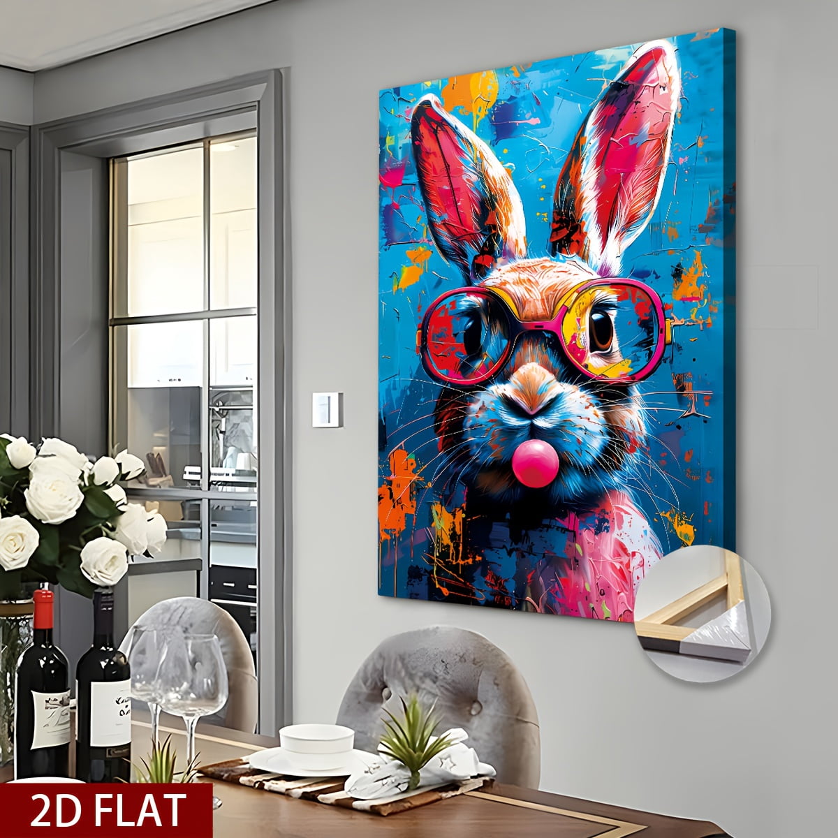 1pc Extra Large Canvas Wall Art - Modern Abstract Rabbit Painting with Pink Glasses, Bold Graffiti-like Colors - Ready-to-Hang Wrapped Canvas Print for Living Room, Bedroom, Office, Kitchen - Perfect