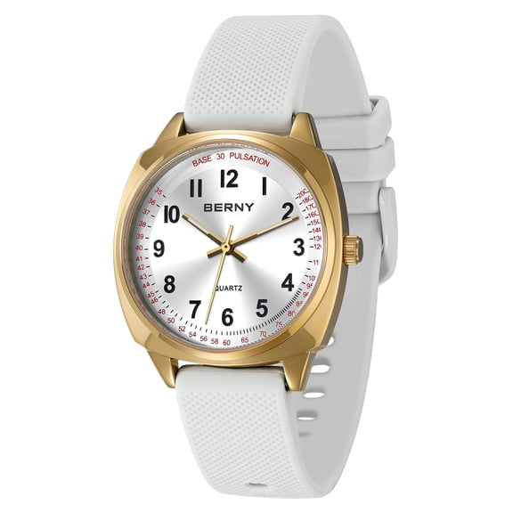 BERNY Nurse Watch for Women, Fashion Ladies Analog Quartz Watch with Silicone Strap, Pulse Meter Function, 3ATM Waterproof Womens Wristwatch, Easy Read Numerals Nursing Watch Gift, White