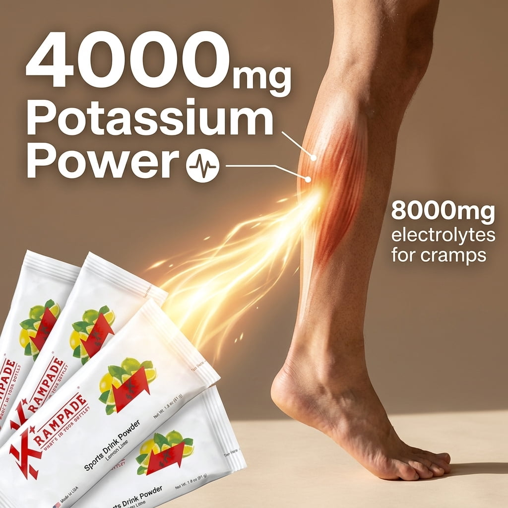 Krampade High Potassium Electrolyte Powder Lemon Lime, 8000mg Electrolytes, 4000mg Potassium, Instant Cramp Relief & Prevention, Cellular Hydration, Better Endurance & Recovery, 16 Stop Cramp Packets