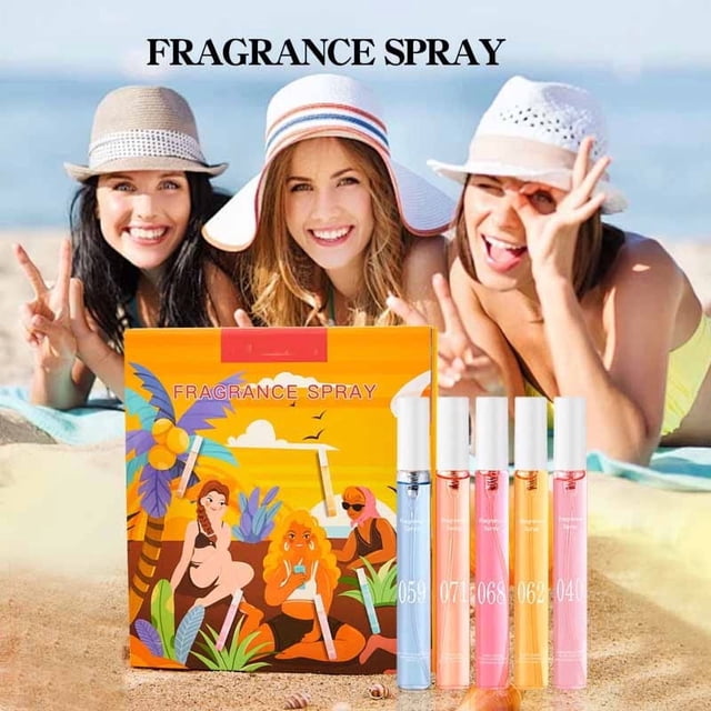 Spray de Larga Duración para Cabello y Cuerpo, 50 Ml | 5 Aromas | Envase Roll-On Portátil | Envase con Temática Veraniega | Recambios Incluidos | Set de 5 Perfumes