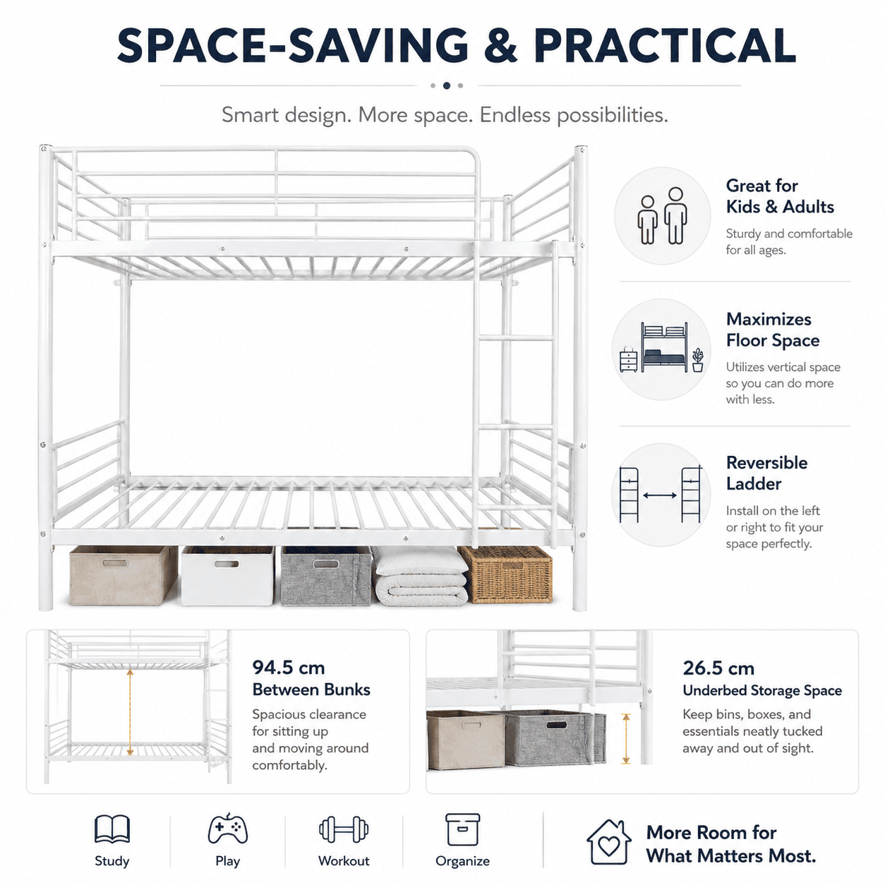 Alvantor Twin over Twin Metal Bunk Bed with Reversible Ladder and Guardrails, White