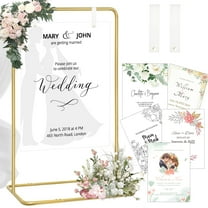 Hyindoor Wedding Welcome Sign Stand with Design Bundle & 2 Leather Hanging Straps, Adjustable Sign Holder for Wedding Exhibition Activities (Gold)