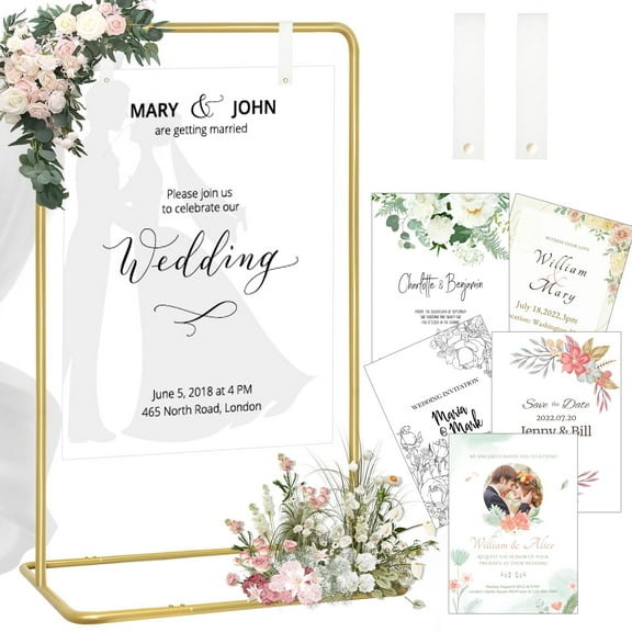 Hyindoor Wedding Welcome Sign Stand with Design Bundle & 2 Leather Hanging Straps, Adjustable Sign Holder for Wedding Exhibition Activities (Gold）