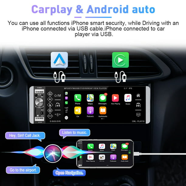 Podofo Single Din 5.1'' Car Stereo with Apple Carplay Android Auto HD Touch Screen Car Multimedia MP5 Player Car Radio Bluetooth Mirror Link FM USB with 4 LED Rear -
