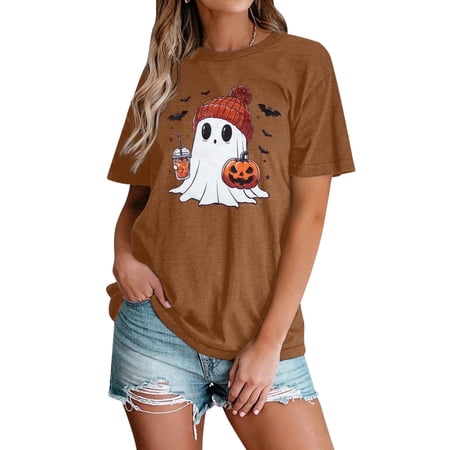MOUSYA Halloween Shirts for Women Cute Ghost Shirt Fall Pumpkin T-Shirt Coffee Lover Graphic Tees Casual Short Sleeve Tops