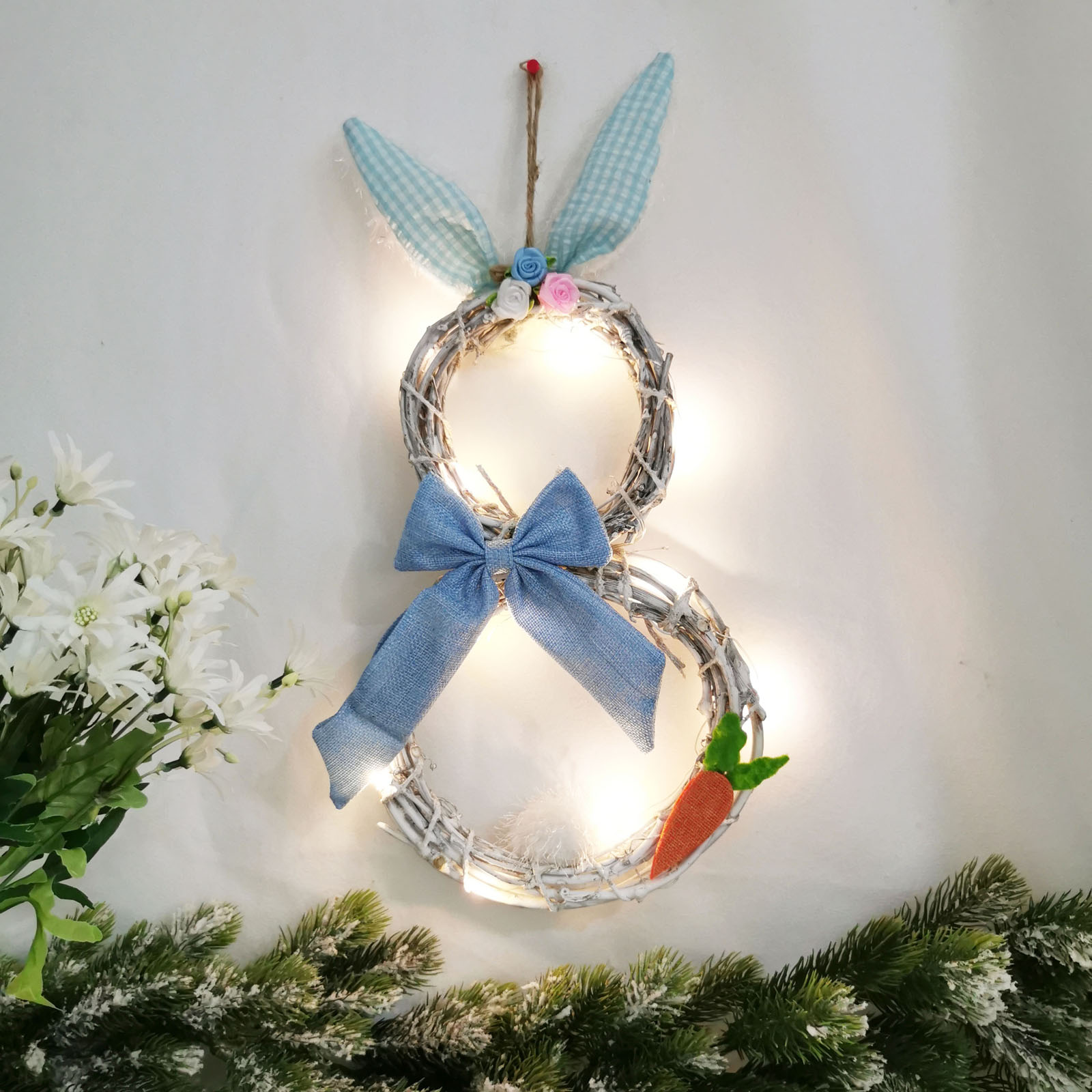 EYIIYE Bunnyshaped Easter Wreath with LED Lights for Easter Party/Home