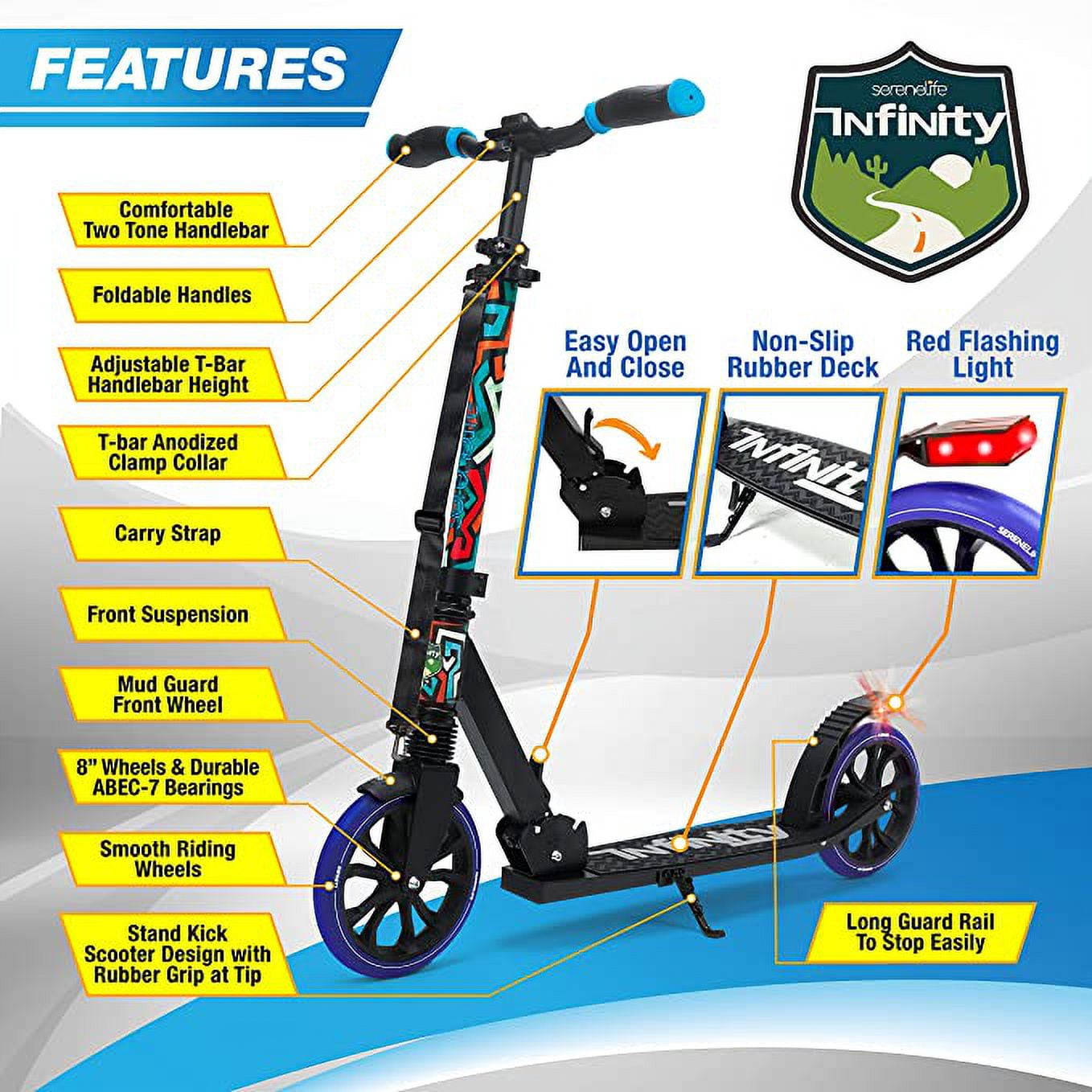 SereneLife Lightweight & Foldable Kick Scooter Alloy Deck W/ High Impact Wheels, Graffiti