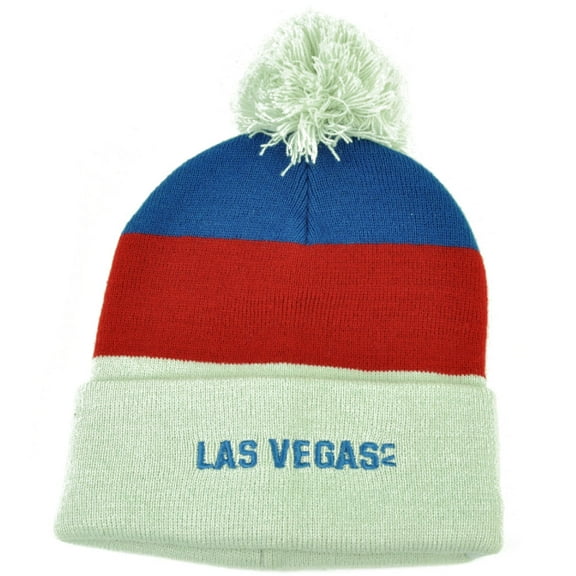Las Vegas Pom Pom Cuffed Striped Knit Beanie Sin City Nevada State Blue Gray Hat