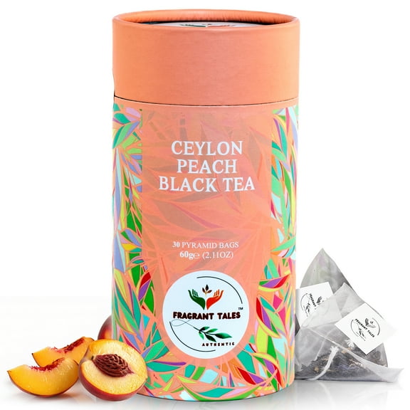 Ceylon Peach Black Tea - 30 Pyramid Bags | Fragrant Tales Exquisite Blend of Bold Premium Bold Ceylon Tea with Juicy Peach Flavor, 60g