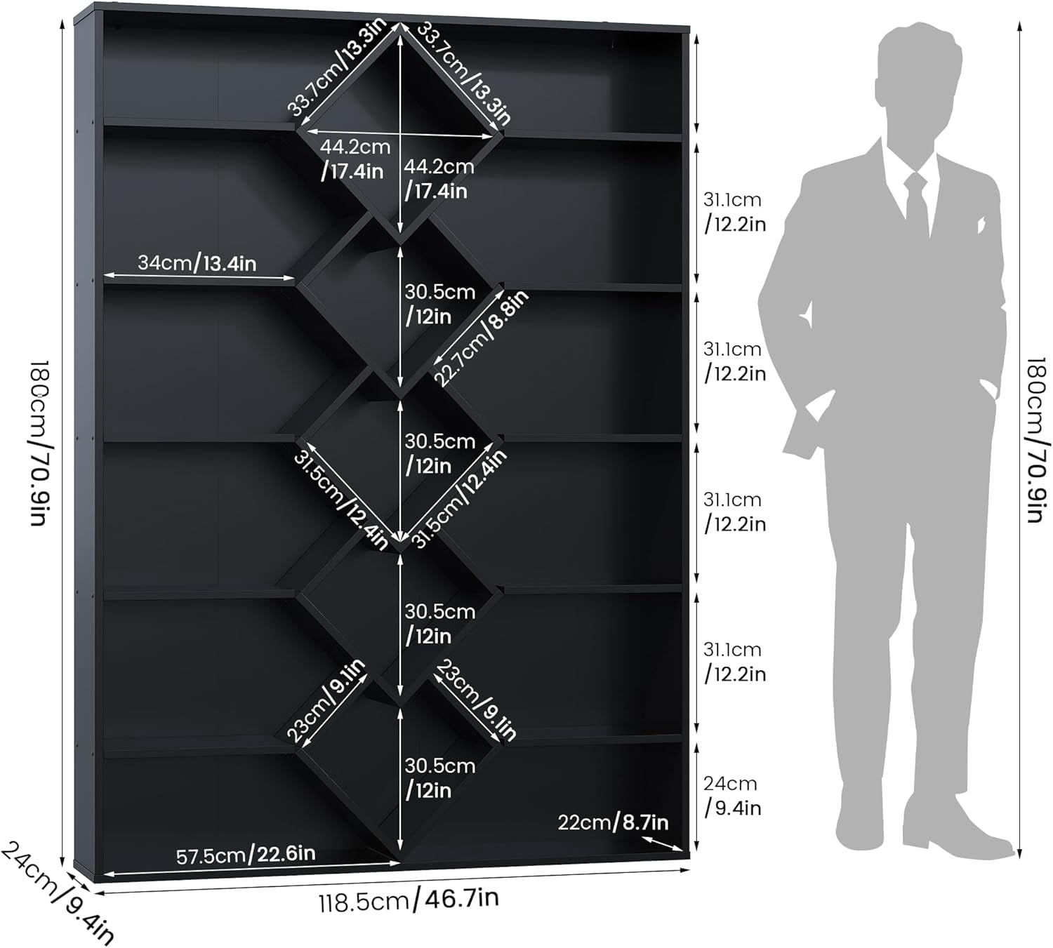 Frmobepts Triple Row 6-tier Bookshelf, 71 in Tall Bookshelf with 17 Open Display Shelves, Large Bookcase for Office Living Room, Black