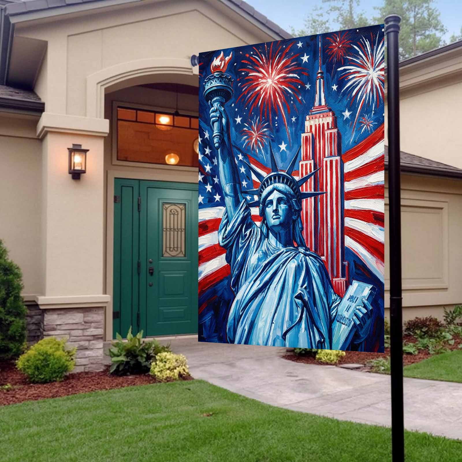 4th of July Garden Flags Statue of Liberty Garden Flag Double Sided Welcome Flag USA Flag Fireworks Cityscape Independence Day Yard Flags for Outdoor Lawn Porch Memorial Day Holiday Decor 28x40 Inch