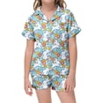 thumbnail image 2 of FASHOFT Girls Silk Easter Pajamas Set Satin Bunny Graphic Button Down Sleepwear Summer 2 Pieces Easter Outfit Light Blue 12-13 Years, 2 of 4
