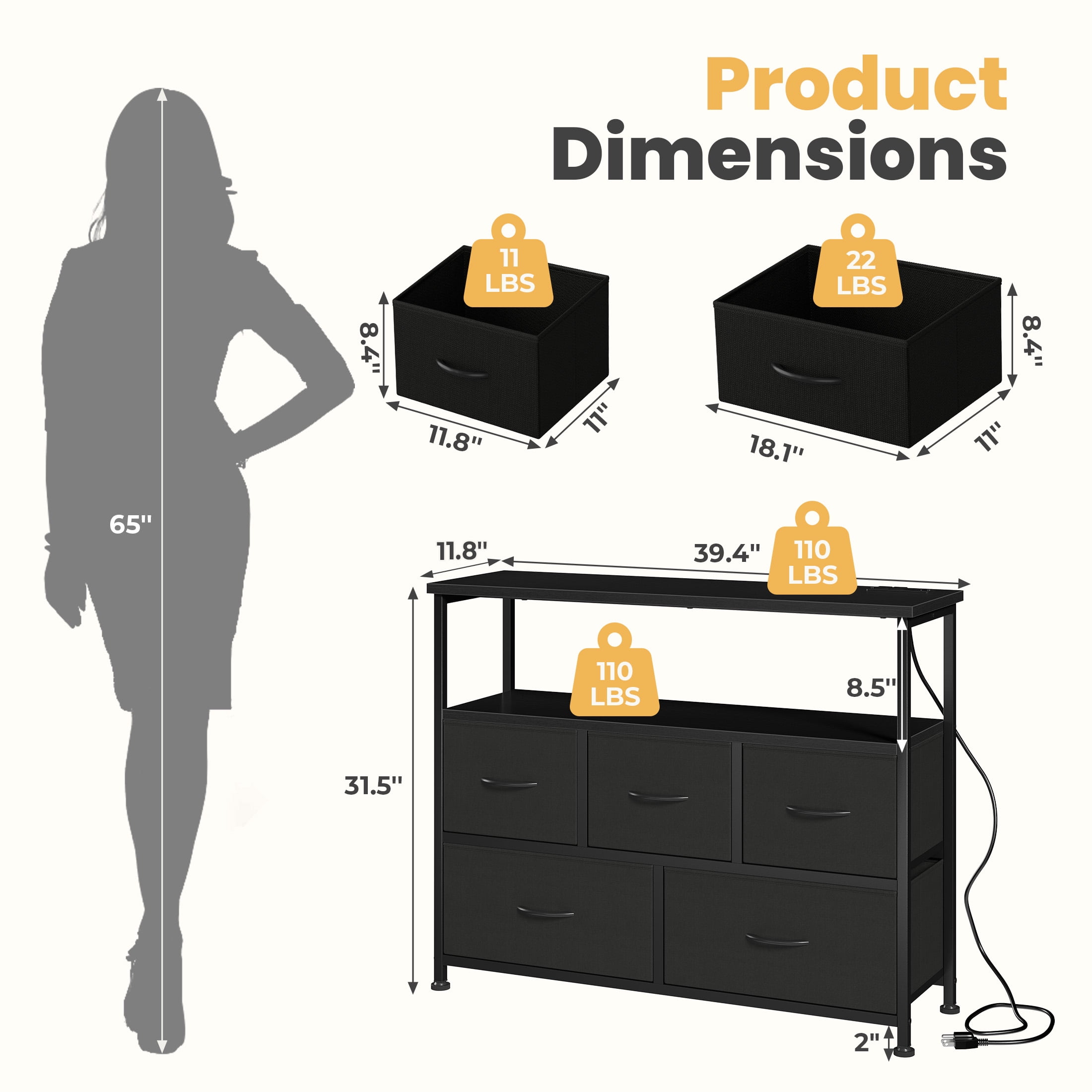 edx 5 Drawers TV Stand Dresser for 45" TV, Modern Media Console with Charging Station & 2 Shelves, Storage Organizer for Bedroom Living Room, Black
