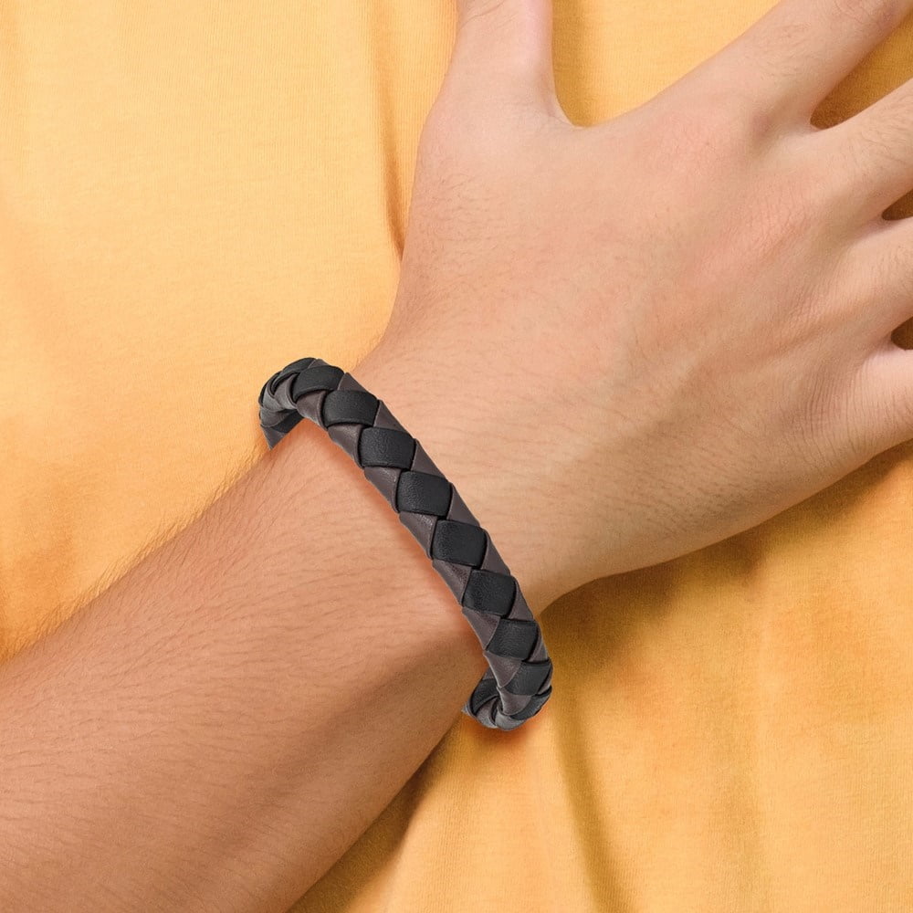 Diamond2Deal Stainless Steel Brushed Black IP-Plated Black and Brown Leather Bracelet for Men 8.25"