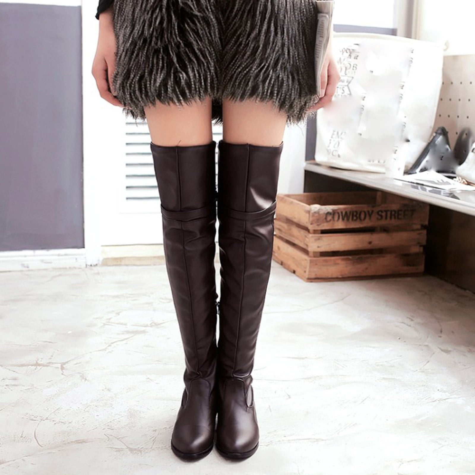 B91xZ Boots for Women Women's Low Heel Thigh High Over The Knee