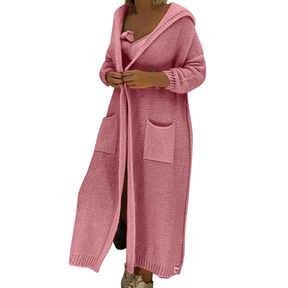 Solid Color Cardigan Pockets Round Neck Outwear Fashion Loose Knitwear Autumn Women Coat Open Front Warm Pullover Long Cable Knitted Sweater