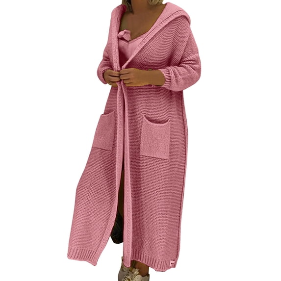 Pockets Round Neck Outwear Open Front Warm Pullover Autumn Women Coat Long Cable Knitted Sweater Solid Color Cardigan Fashion Loose Knitwear