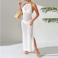thumbnail image 5 of TEAJOPSUU Womens Halter Crochet Swimsuit Coverup Applique Sleeveless Side Split Mesh Knit Bikini Cover Ups Hollow Out Swimsuit Beach Summer Maxi Dress Coverups E-White, 5 of 6