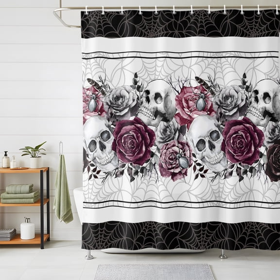 Halloween Shower Curtains for Bathroom, Black Horror Skull Roses Spi-der Web Vintage Waterproof Fabric Shower Curtain, Decorative Bathroom Curtain for Bathtub, 72"x84" , No Hooks Included