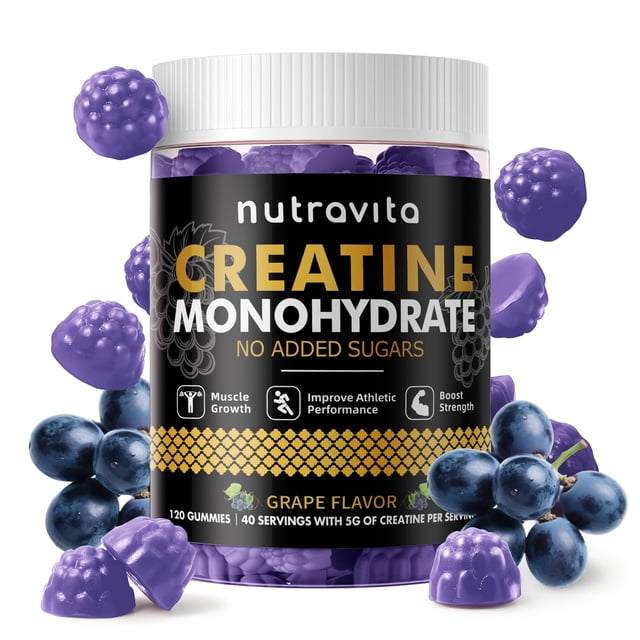 Gomitas Nutravita de monohidrato de creatina para hombres y mujeres: 5 g de monohidrato de creatina por porción, sin azúcar, veganas, sabor a uva, 120 unidades