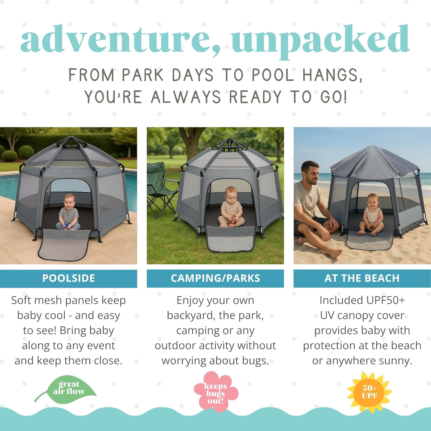 Indoor & Outdoor  Playpen with Canopy |  Beach Tent, Foldable, Lightweight, Travel Bag, & Mosquito Net |   Pack and  Tent []