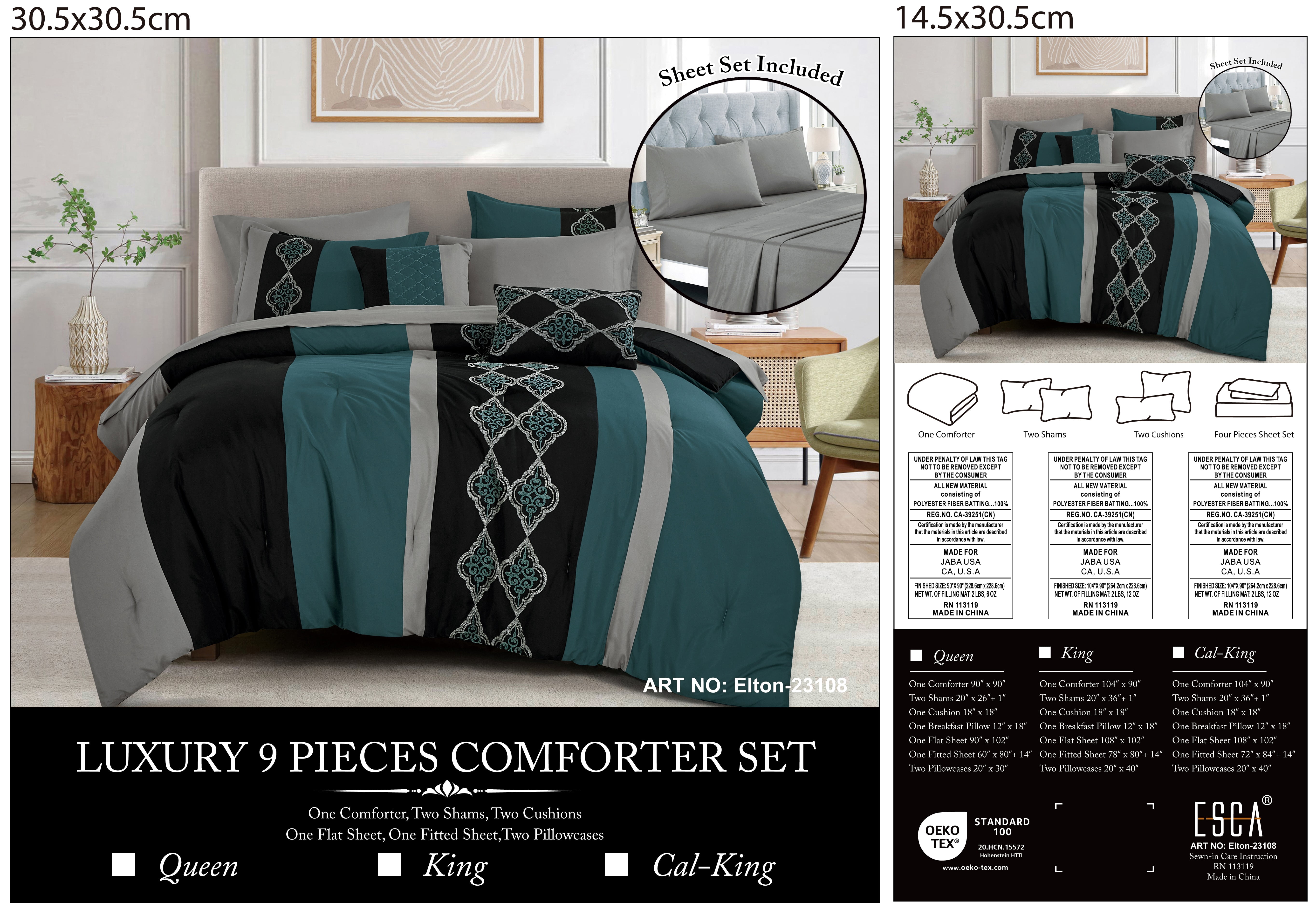 ESCA Elton 9‑Piece Bed‑in‑a‑Bag Comforter Set, Black Teal Gray Patchwork with Cord Embroidery Damask Bedding,KING