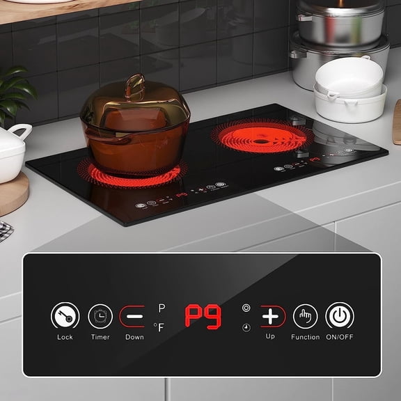 Electric Cooktop, 24 Inch 2 Burner Cooktop 110V, Built-in and Countertop Stove Top Plug in, 2400W Electric Stove, Compatible for All Cookware,Timer & Kid Safety Lock