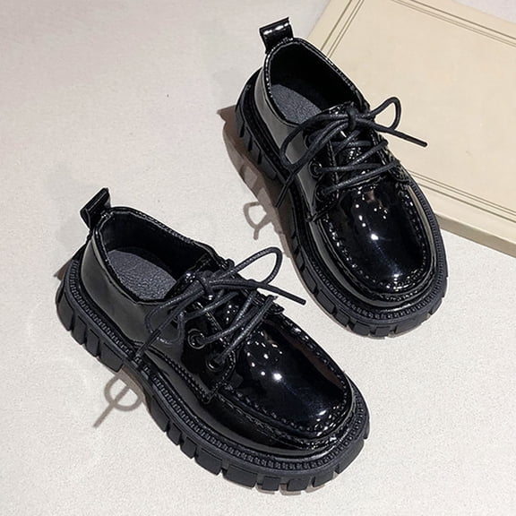 FSYBOA Girls Dress Shoes Size 1(Big Kids), Non Slip Lace-up Strap Platform Sole Fashion Kids Flat Shoes Black