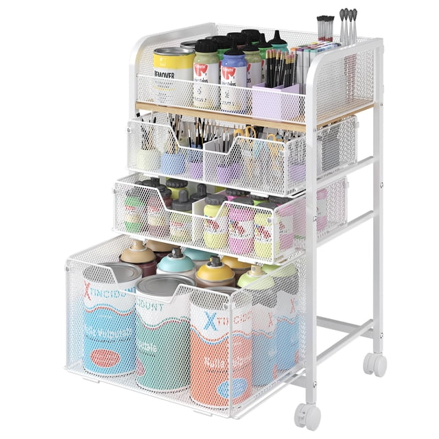 Carrito Organizador de Manualidades Yociyoga de 4 Niveles con 3 Cajones y Ruedas Blanco