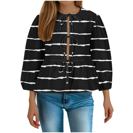 SHTXOZHI 2024 Fall Tops for Women Puff Long Sleeve Cute Babydoll Blouses Casual Lace-Up Shirt