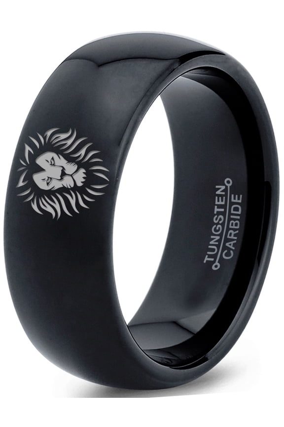Tungsten Lion Lioness Panthera Leo Band Ring 8mm Men Women Comfort Fit Black Dome Polished