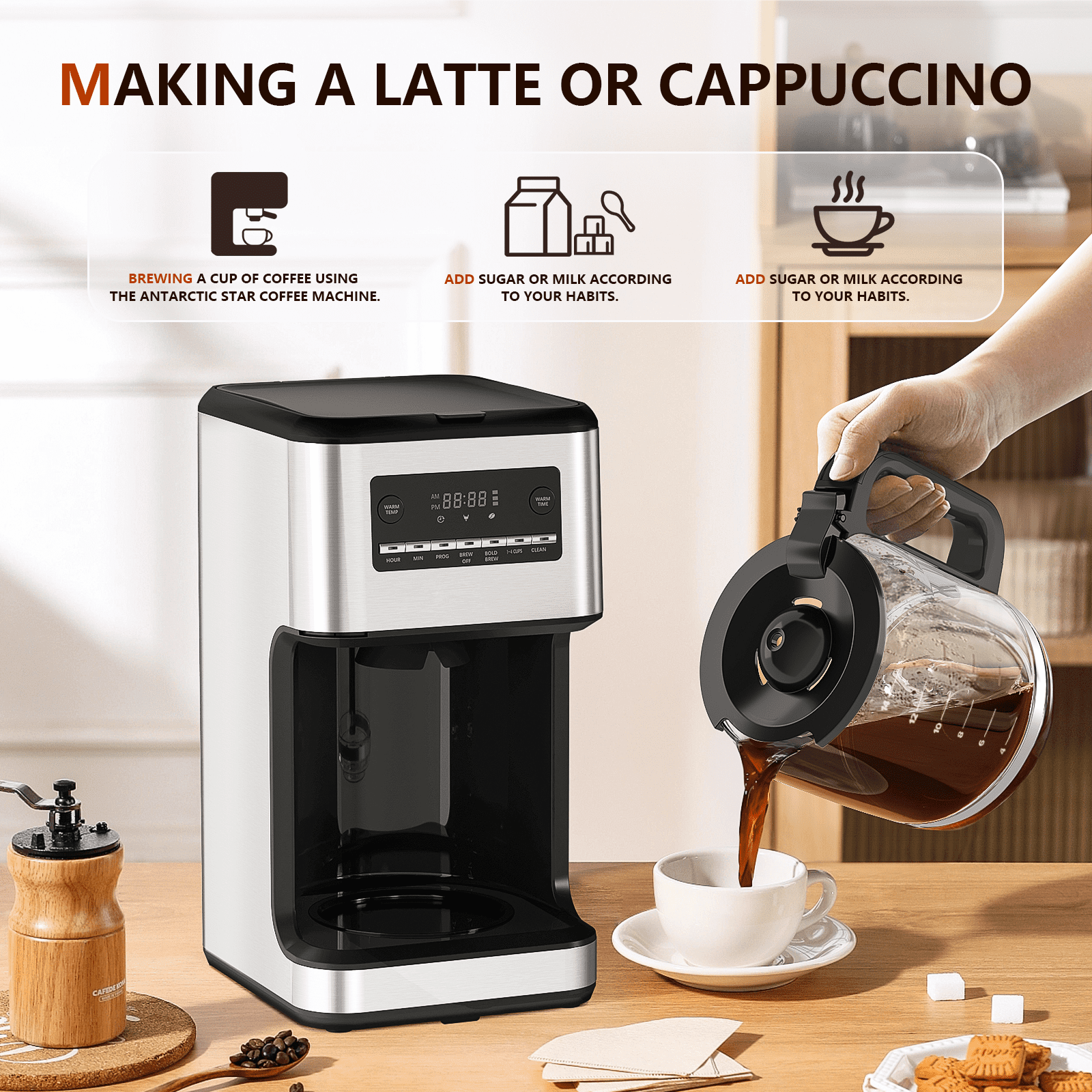 FREE VILLAGE Coffee Maker, Drip Coffee Machine, 14-Cup Glass Carafe, 24 Hours Programmable Coffee Brewer, Keep Warm,Washable Filter,Stainless Steel,Silver