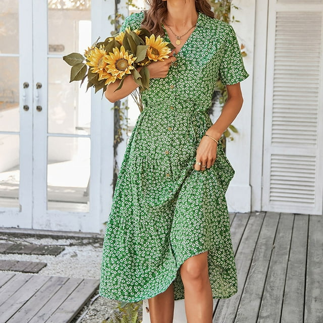 Vestido casual para mujer, vestido de verano con escote en V profundo para mujer Vestido de verano para mujer Vestido de manga corta de verano para mujer Top de línea