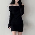 thumbnail image 1 of mfyjkho Vestidos de tallas grandes, Vestido de punto acanalado ajustado con solapa y hombros descubiertos para mujer, falda corta ajustada a la cadera, otoño e invierno m, 1 of 7