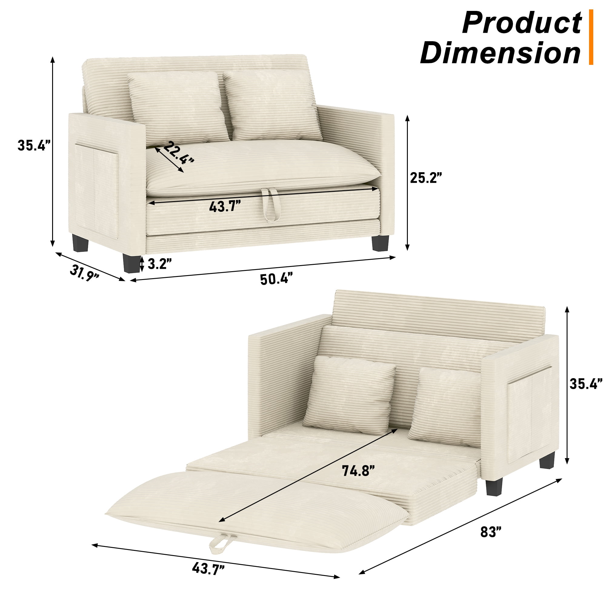 ANPOO 51 Inch Convertible Sofa Bed, 2-in-1 Folding Loveseat with Storage Pockets, 2 Pillows & Removable Cover, Modern Corduroy Sleeper Sofa for Small Spaces, Apartment and Living Room