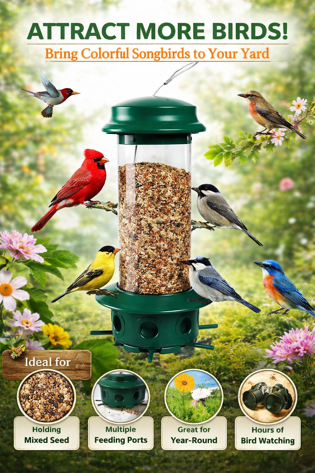 Simple Living Solutions Squirrel Resistant Bird Feeder, 6 lb Capacity, Multi-Port Hanging Feeder for Outdoor Wild Birds, Weather-Resistant